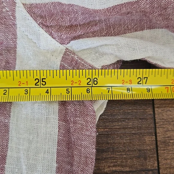 American Eagle Cream Maroon Stripped Linen Button Up Poolside Shirt - Picture 3 of 6